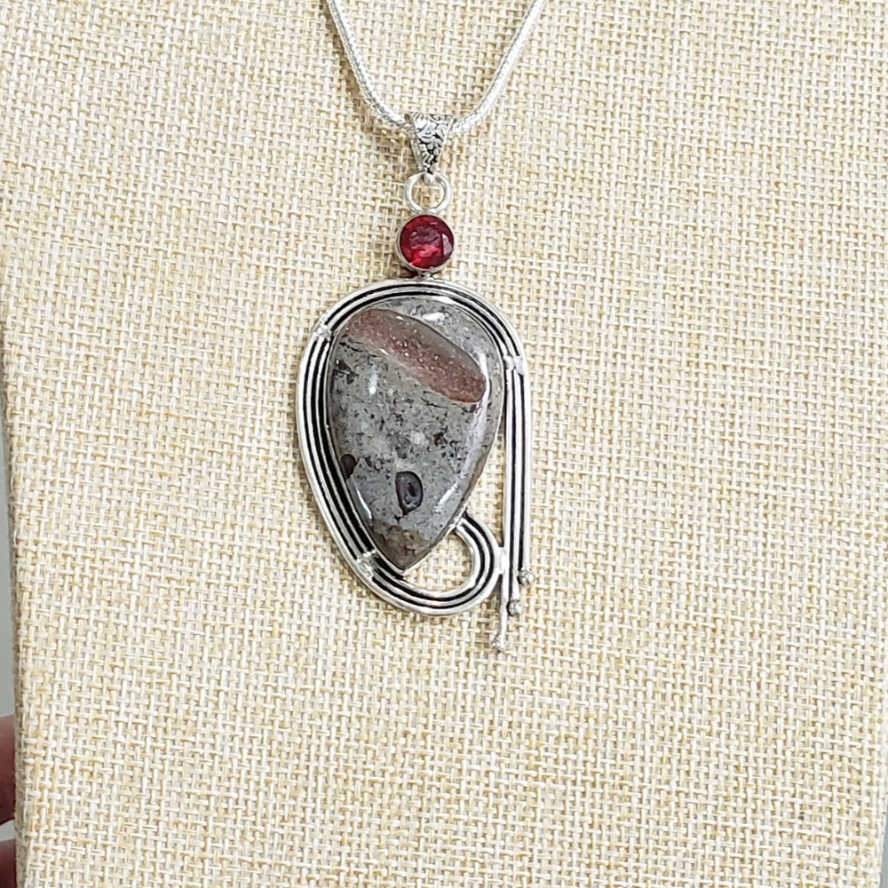 Jasper Necklace, 925 Silver Coffee Bean Jasper Garnet Pendant Necklace View 4
